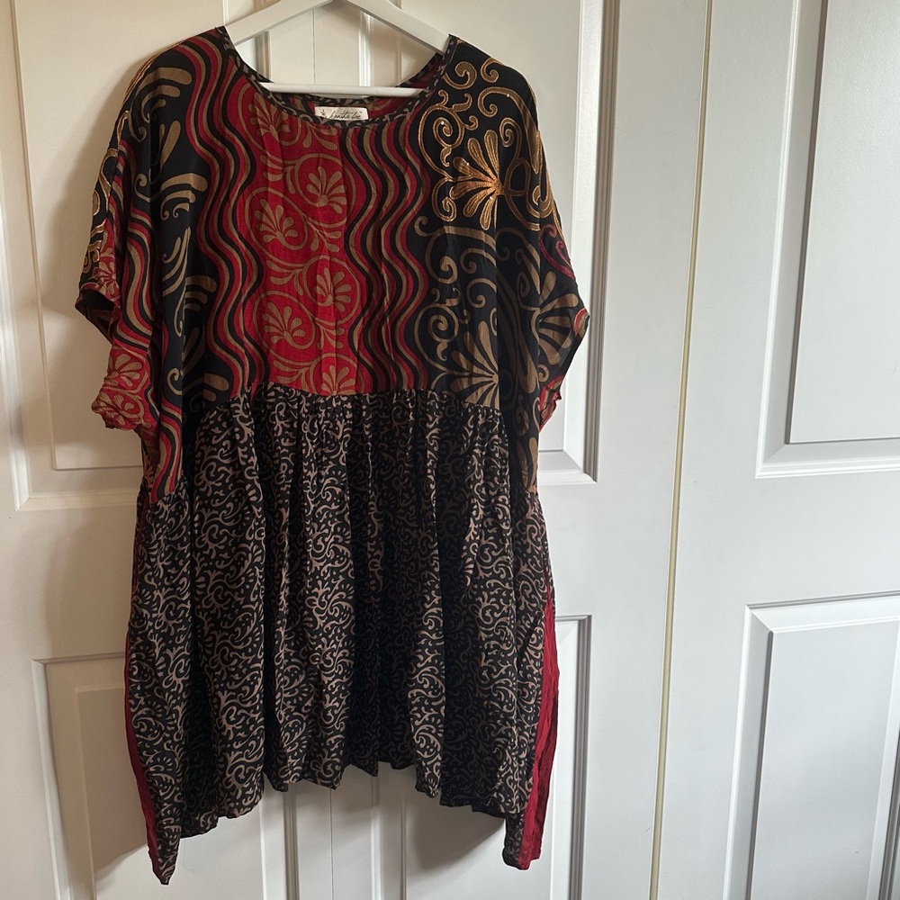 Boho Patchwork Tunic Top in Red & Black